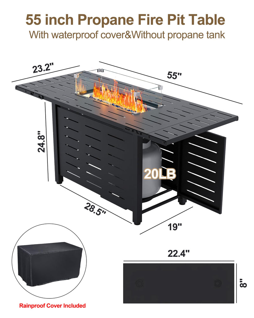 55" Outdoor Propane Fire Pit Table, 48, 000 Btu Lp Gas Rectangular Fire Table with Ignition Systems and Lid, Outdoor