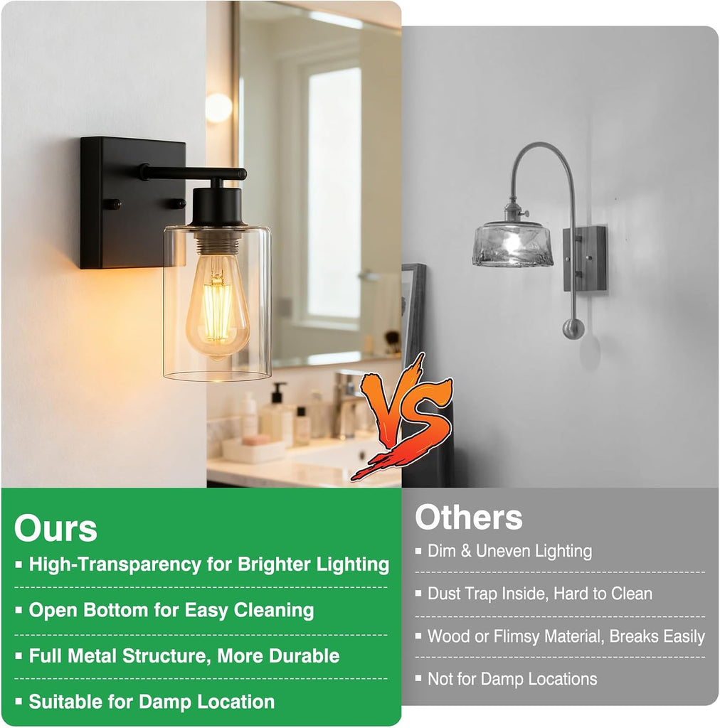 2-Pack Wall Sconces , Matte Black Vanity Lights, Modern Wall Light Fixture with Clear Glass Shade, Farmhouse