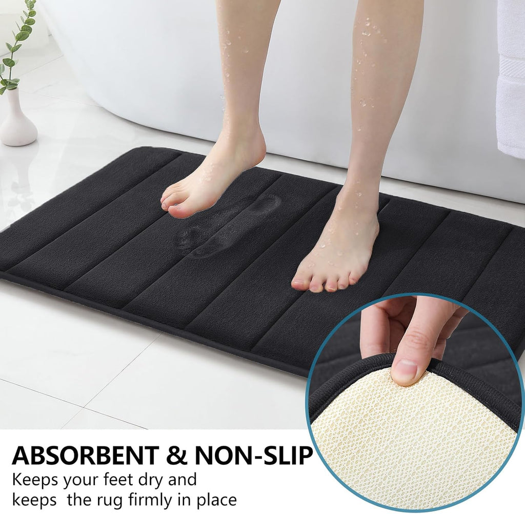 Bathroom Rugs Sets 2 Piece, Memory Foam Non Slip Extra Soft Absorbent Machine Washable Toilet Bath Mats (Black