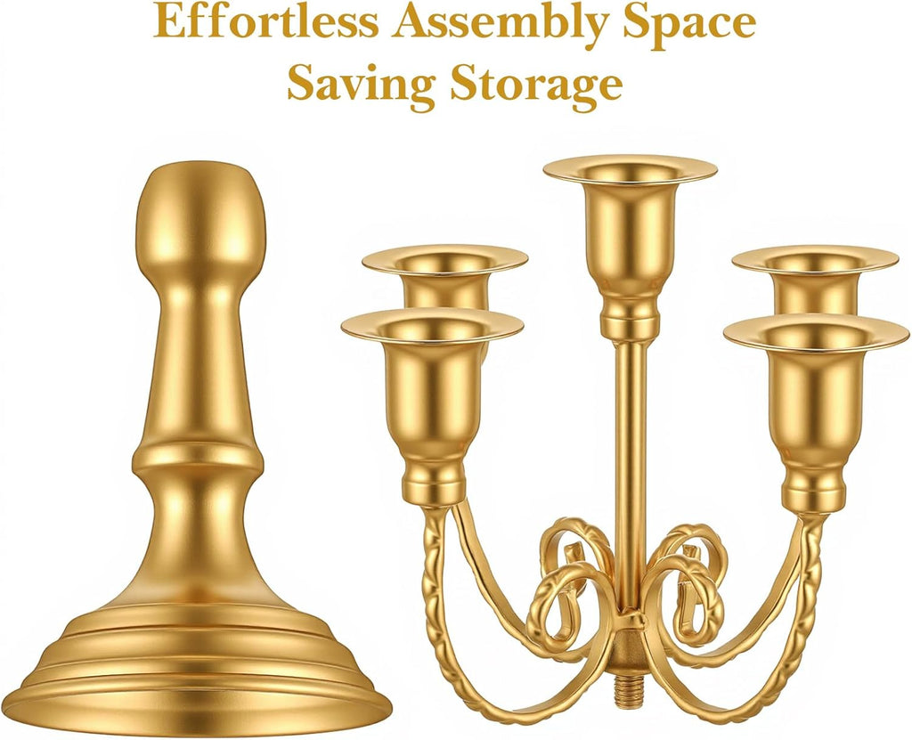 Set of 2 Gold Candelabra Centerpieces - 5 Arm 10" Iron Candle Holders for Taper Candles, Vintage Metal Candlestick