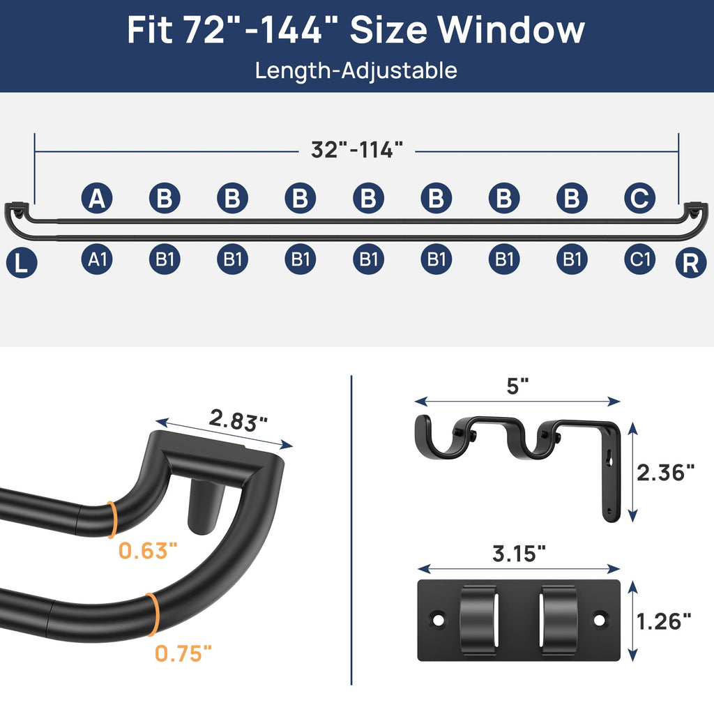 72-144" Double Curtain Rod for Blackout, Quick Release, Black