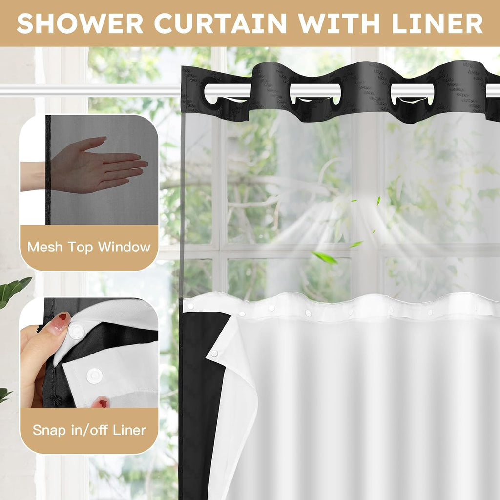 Black No Hook Shower Curtain Set with Snap in Liner, 71'' x 74'' | Bathroom Hotel Fabric Curtain, Waterproof Washable