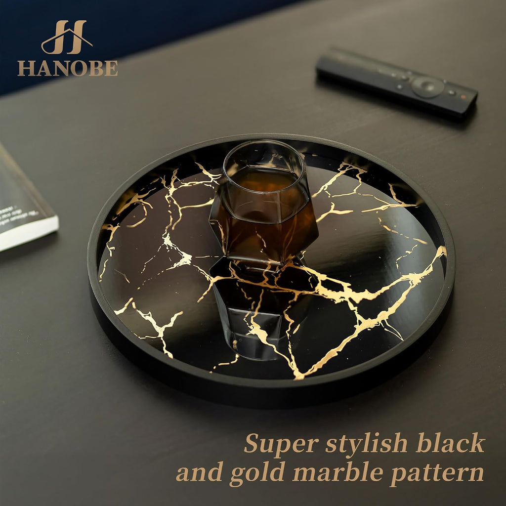 Decorative Tray Decor Round Serving Trays for Coffee Table | 11.8" Modern Black Imitation Marble Tray for Table