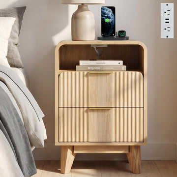 Nightstand, Modern Fluted Nightstand, Side Table with Charging Station, 2 Drawers, Open Shelf, Wood