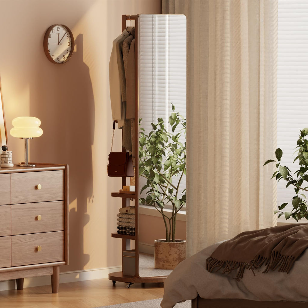 Solid Wood Full Length Mirror Coat Rack, 70" x 20" Oversize Standing Mirror Full Length with Brake Wheels, Floor