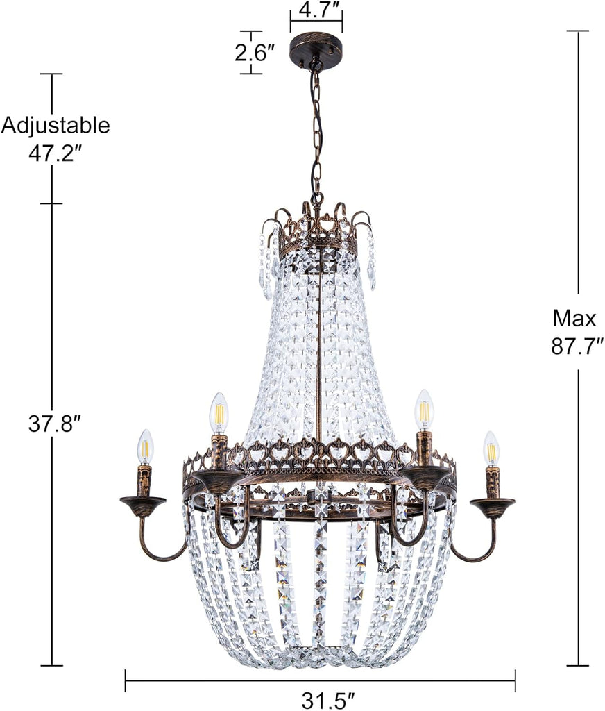 French Empire Crystal Chandelier, 6-Light Farmhouse Antique Bronze Chandelier, Hanging Ceiling Mount Light Fixture for Dining Living Room, Bedroom, Bathroom, Kitchen Island, Hallway, 31.5" W