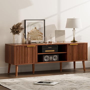 TV Stand with Fluted Doors for TVs up to 65", Mid-Century, Walnut | 54.3"W 15.3"D 19.6"H, 150 lbs capacity, 2 fluted