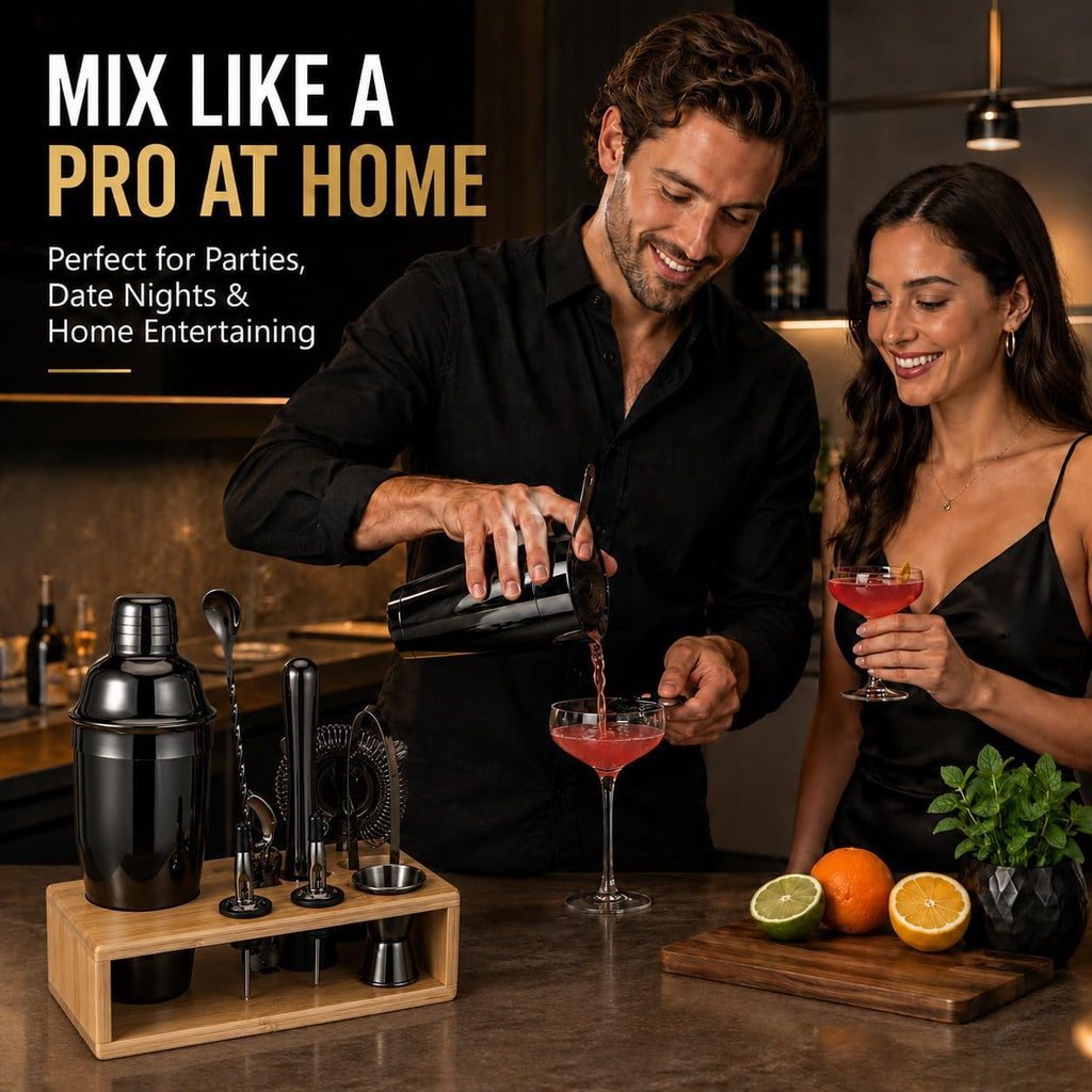 Black Cocktail Shaker Set, Premium 18/8 Stainless Steel Mixology Bartender Kit with Stylish Bamboo Stand 10-Piece Bar