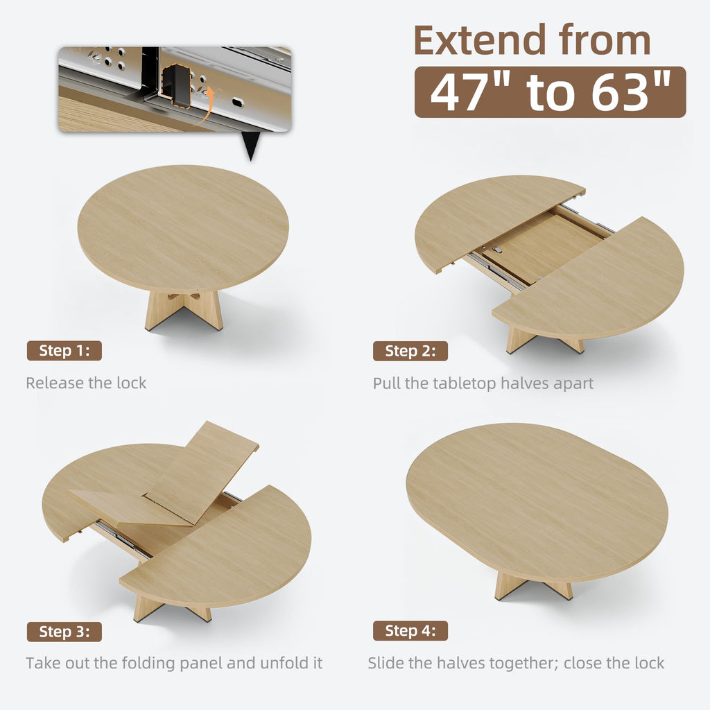 47"-63" Extendable Round Dining Table for 4-8 (TableOnly)NaturalWood
