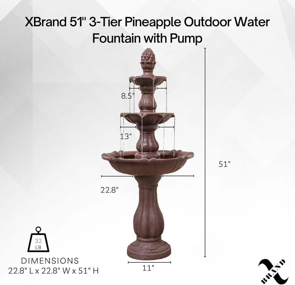 51" 3-Tier Outdoor Waterfall Fountain, Weather-Resistant Resin Freestanding Water Feature with Pump, Brown