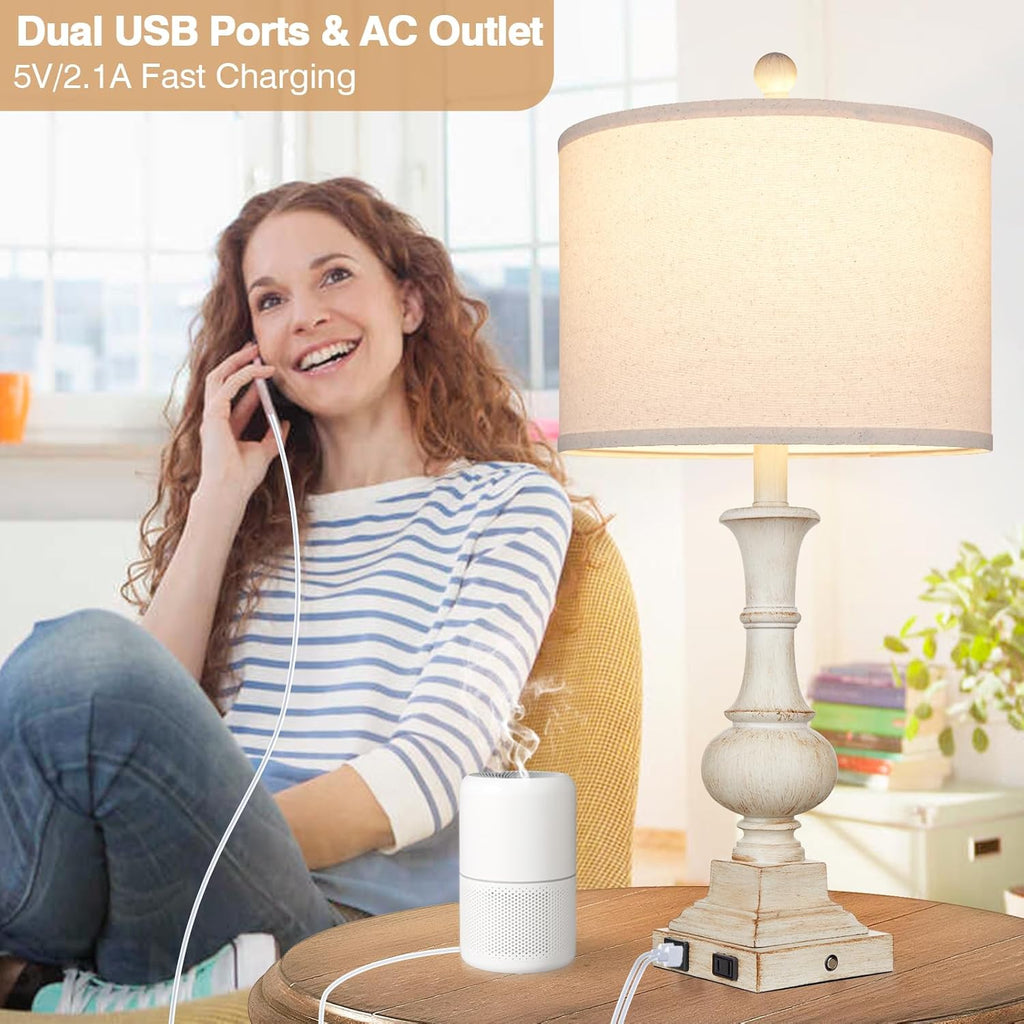26" Farmhouse Table Lamp, Vintage Rustic Touch Control Bedside Lamp with 2 USB Ports & AC Outlet