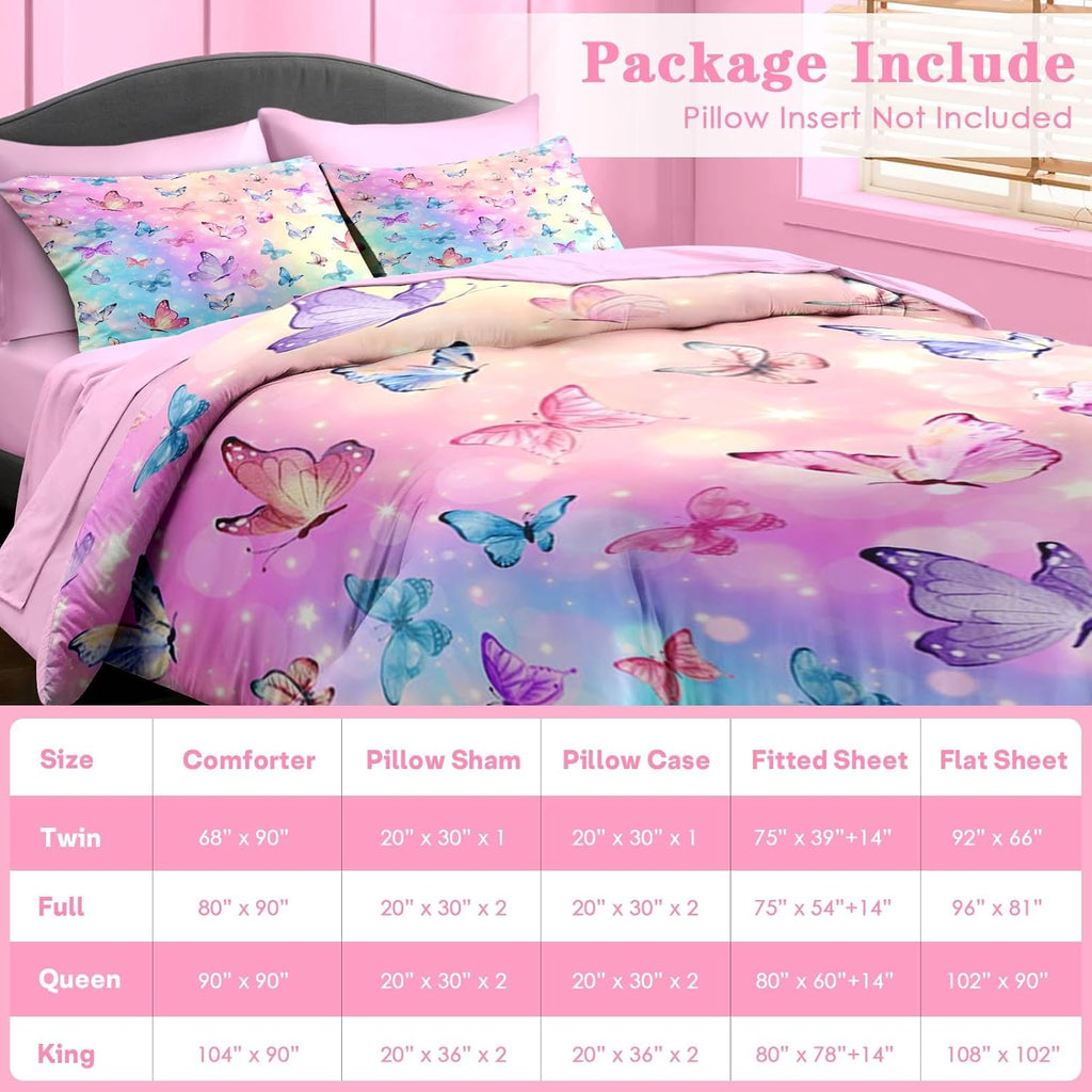 Comforter Set, Pink Blue Butterfly 5 Pcs Bedding for Kids and Adults, Colorful Rainbow Bed Sheet Sets
