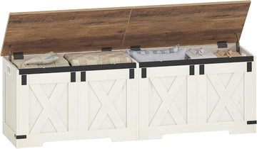 59" Storage Bench, Lift Top, 268L/70 Gal Large Chest | | Retro White, Farmhouse, FSC Wood, 330lb, Double Hinges