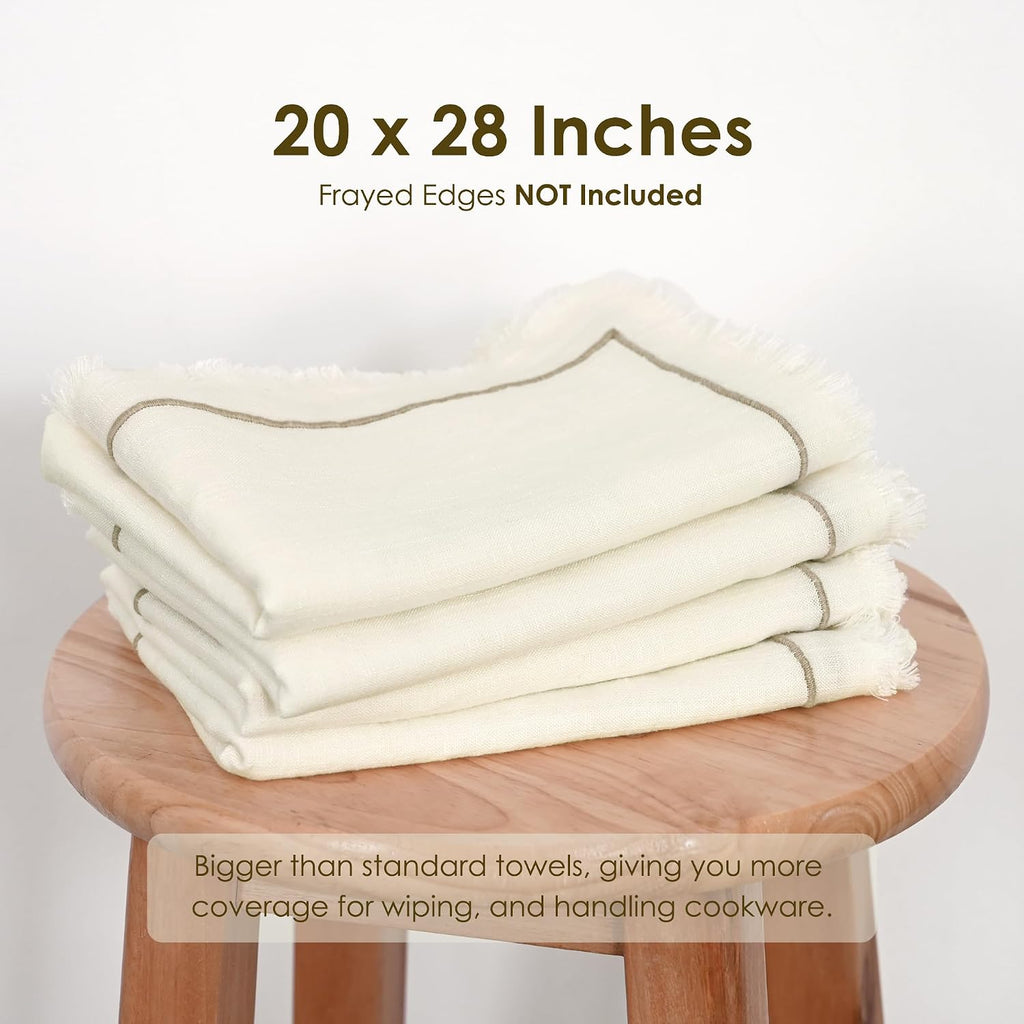 Linen World Dish Towels Set of 4, 20 x 28 Inch Linen Blend Kitchen Towel, Frayed Edge, Embroidered Border, Absorbent