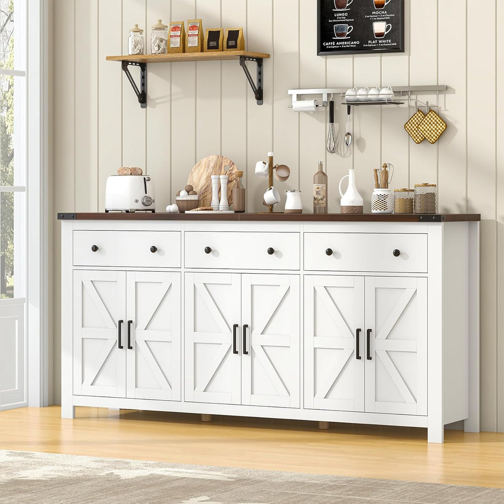 71" Large Sideboard Buffet Cabinet with Storage, Modern Farmhouse Coffee Bar with 3 Drawers and 6 Barn Doors