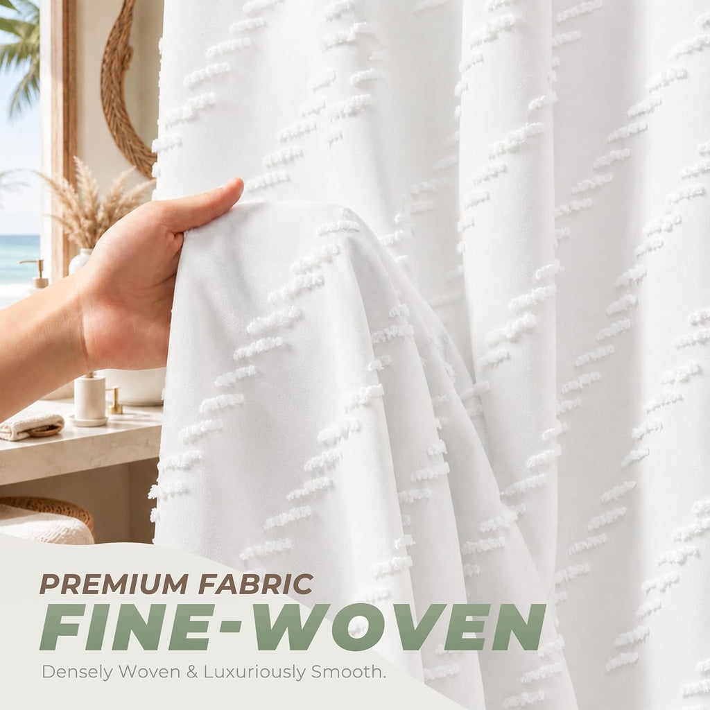 White Boho Fabric Shower Curtain 72 x 72 Inches | Textured Tufted Chevron Striped,Modern Minimalist Cloth Shower