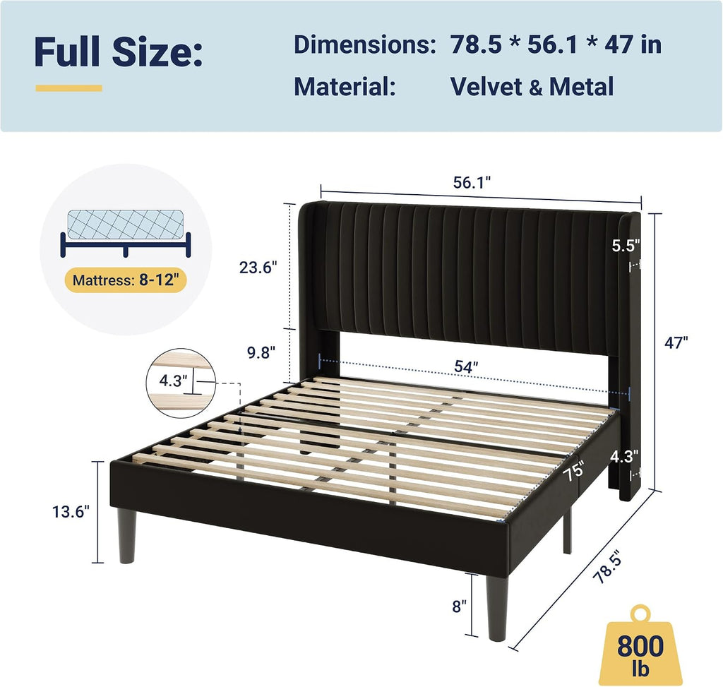 Full Velvet Bed Frame/Vertical Channel Tufted Wingback Headboard/Upholstered Platform Bed/Strong Wooden Slats/No Box