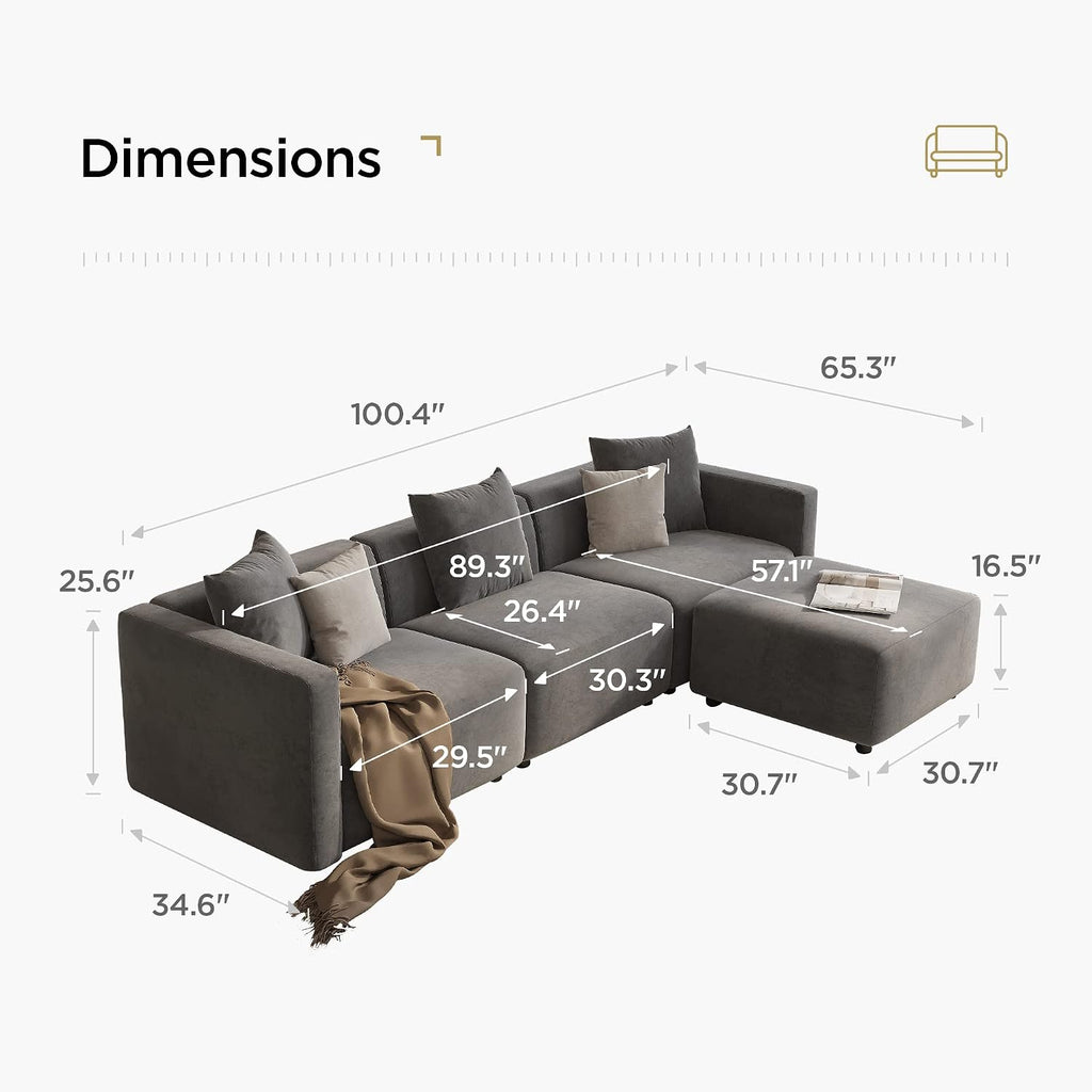 L-Shaped Modular Sectional Sofa with Ottoman, Suedette Dark Grey | Reversible Couch, Larch Wood Frame, Low-Back Design