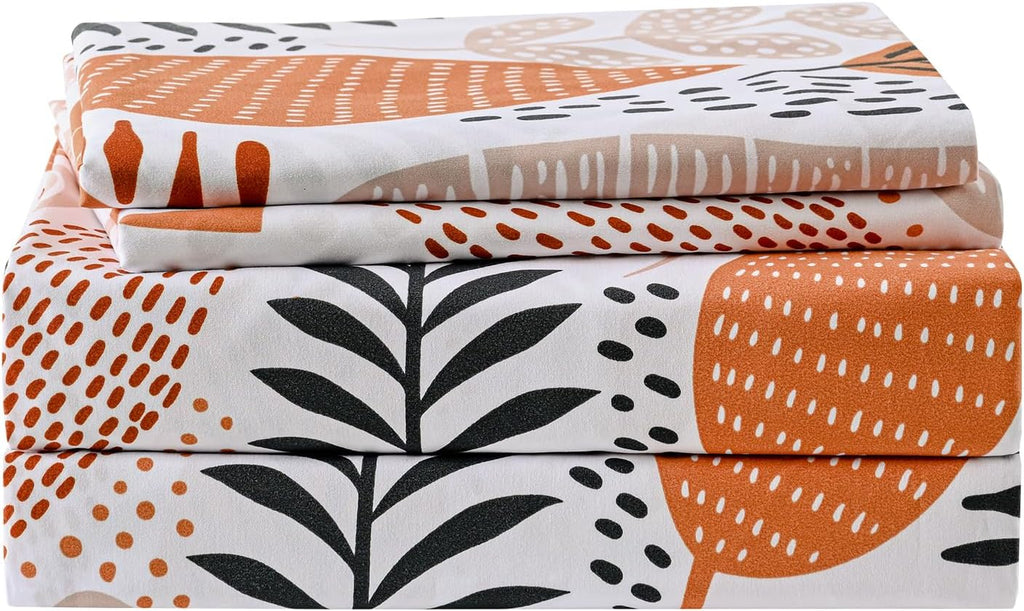 Boho Leaves Printed Sheet Set, Botanical Pattern Bed Sheets Microfiber Bedding Sheets & Pillowcases Soft 15"