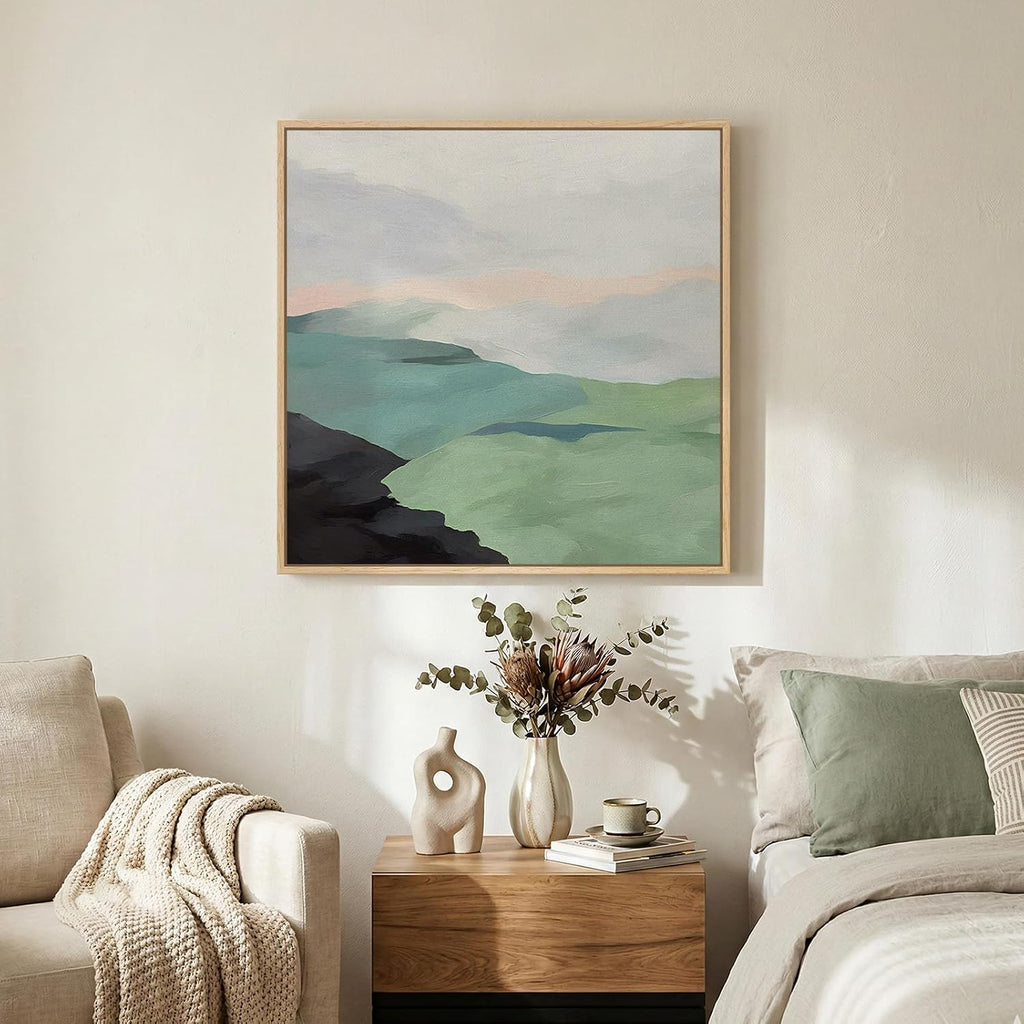 Framed Modern Neutral Green Landscape Abstract Wall Art, Square Minimalist Canvas Prints Paintings for Walls, Sage
