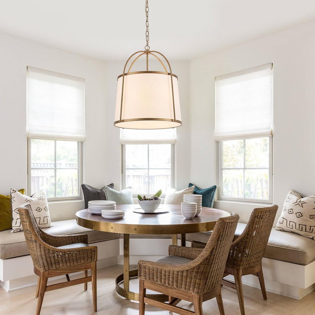 Rustic Modern Chandelier for Entryway, Dining Room Chandelier with Off-White Fabric Shade, Gold Pendant Light Fixture