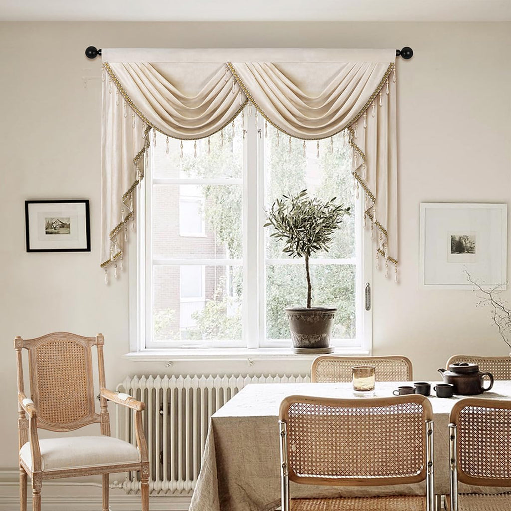 Luxury Cream Velvet Curtain Valances for Living Room with Beads (1 Panel)