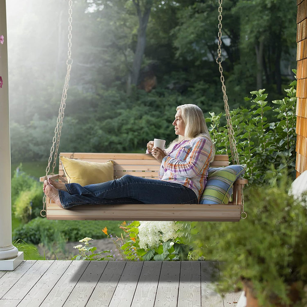 2026 Upgraded 5 FT Wooden Porch Swing, 880 LBS Heavy Duty, Natural | 2026 Upgraded Design; Heavy-Duty Wooden Swing;