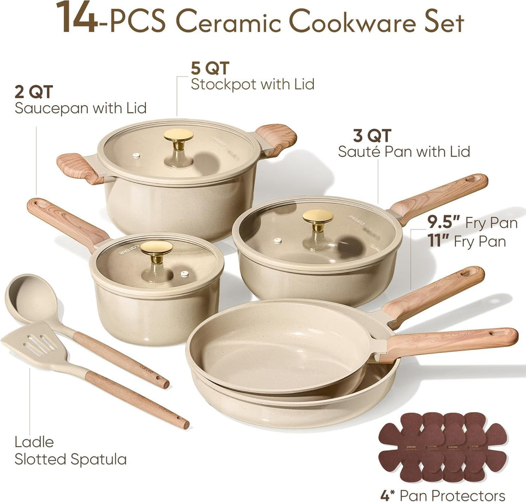 Pots and Pans Set, Ceramic Cookware Set, 14pcs | Healthy Induction Kitchen Set, with Silicone Lids, Easy Clean, Even