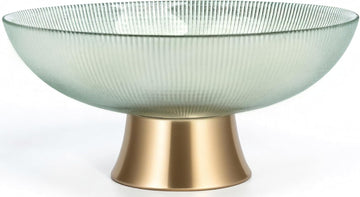 Round Glass Decorative Bowl (Green), 9.8 Inches Handblown Striped Design Glass Bowl with Rust Resistant Metal