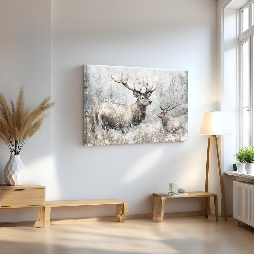 Deer Canvas Wall Art Vintage Elk Painting Prints Rustic Farmhouse Kitchen Decor Wildlife Artwork Framed Ready to Hang