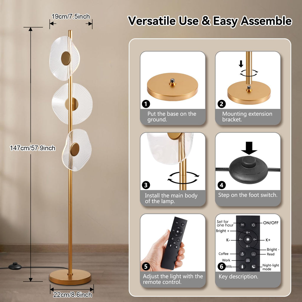 Modern Black Floor Lamp, Dimmable LED Standing Lamp with Remote