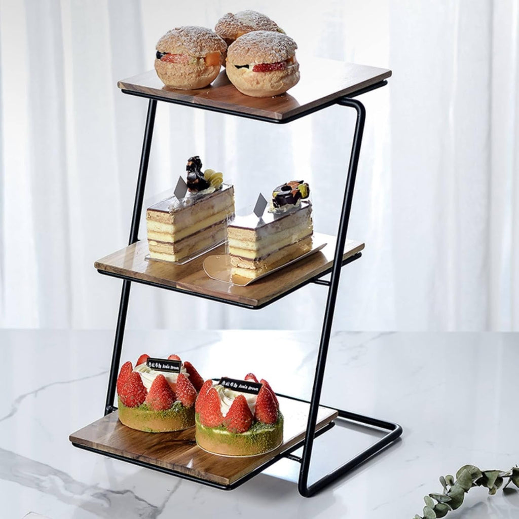 Three Tier Dessert Stand Tiered Serving Stand Cake Stand Display Rack With Sturdy Iron And Wood Shelves compact