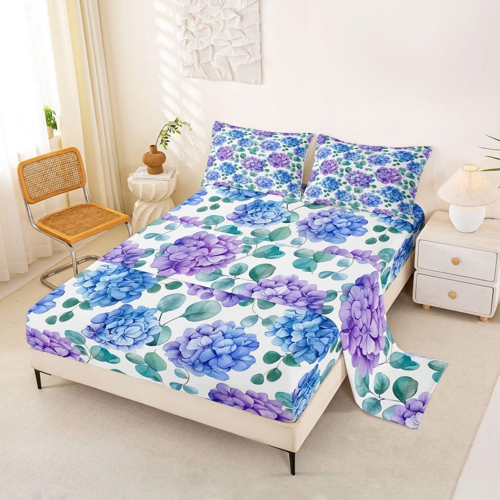 Hydrangea Eucalyptus Sheet Set King Eucalyptus Leaves Bed Sheets Set, Watercolor Floral Print Flat Fitted Sheet with