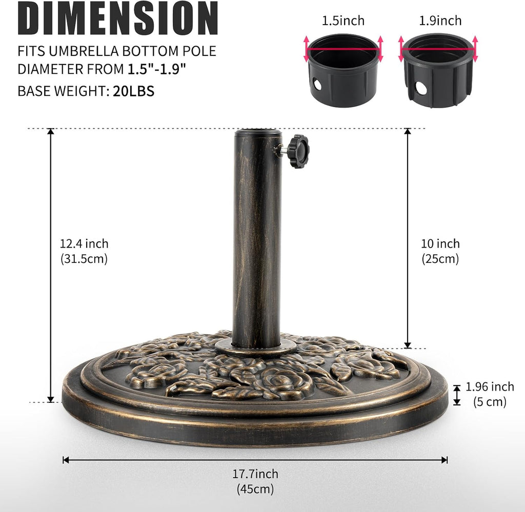 20 lb Patio Umbrella Base Stand, Decorative Rose Medallion Antique Bronze Finish, Fits 1.5-1.9 in Poles w/Adapters