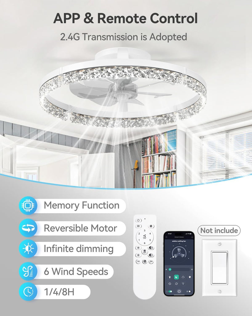 Ceiling Fans with Lights and Remote, 20'' Low Profile Ceiling Fans, 3000-6000K Dimmable Modern Flush Mount LED Fan Light, Fandelier Ceiling Fan for Bedroom, Kitchen, Living Room, White
