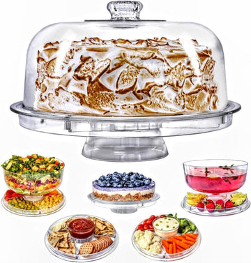 Cake Stand with Dome Cover, 6-in-1 Multi-Purpose Use, Cake Stand with Lid, Serving Platter, Punch Bowl, Desert