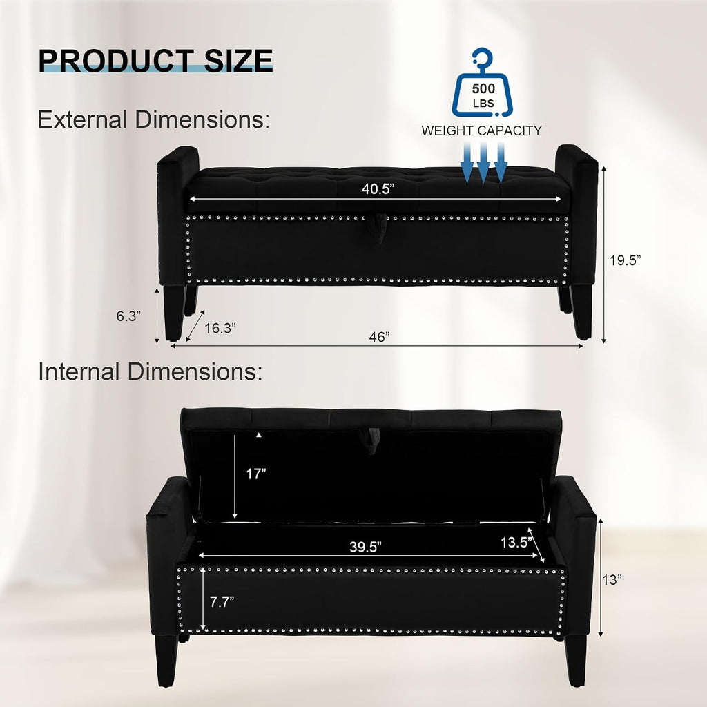 Storage Ottoman Bench, Velvet Upholstered Footstool , Tufted Seat with Storage, Wooden Legs & Metal Rivets, Black