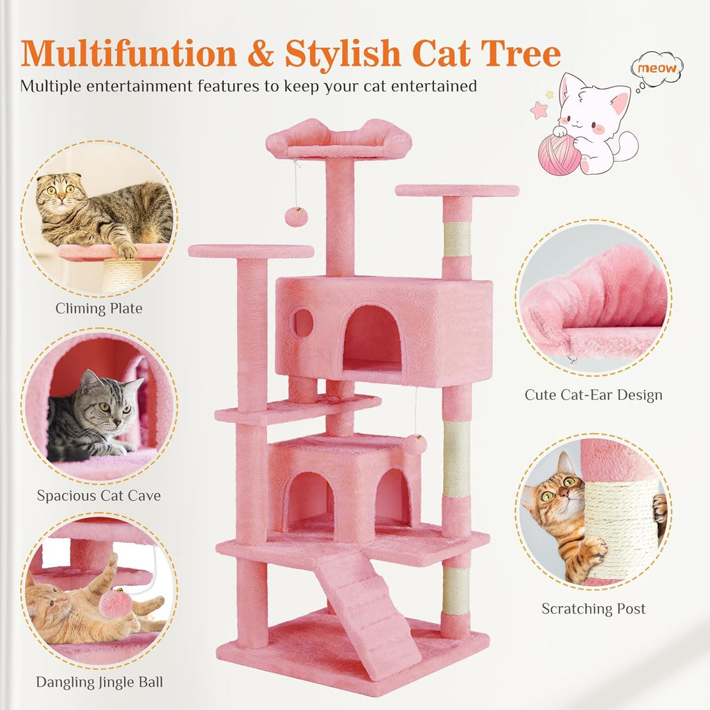 54 Inch Cat Tree Tower, Multi-Level with Cat Scratching Post, Indoor Cat Condo with Climbing Ladder, Plush Toy