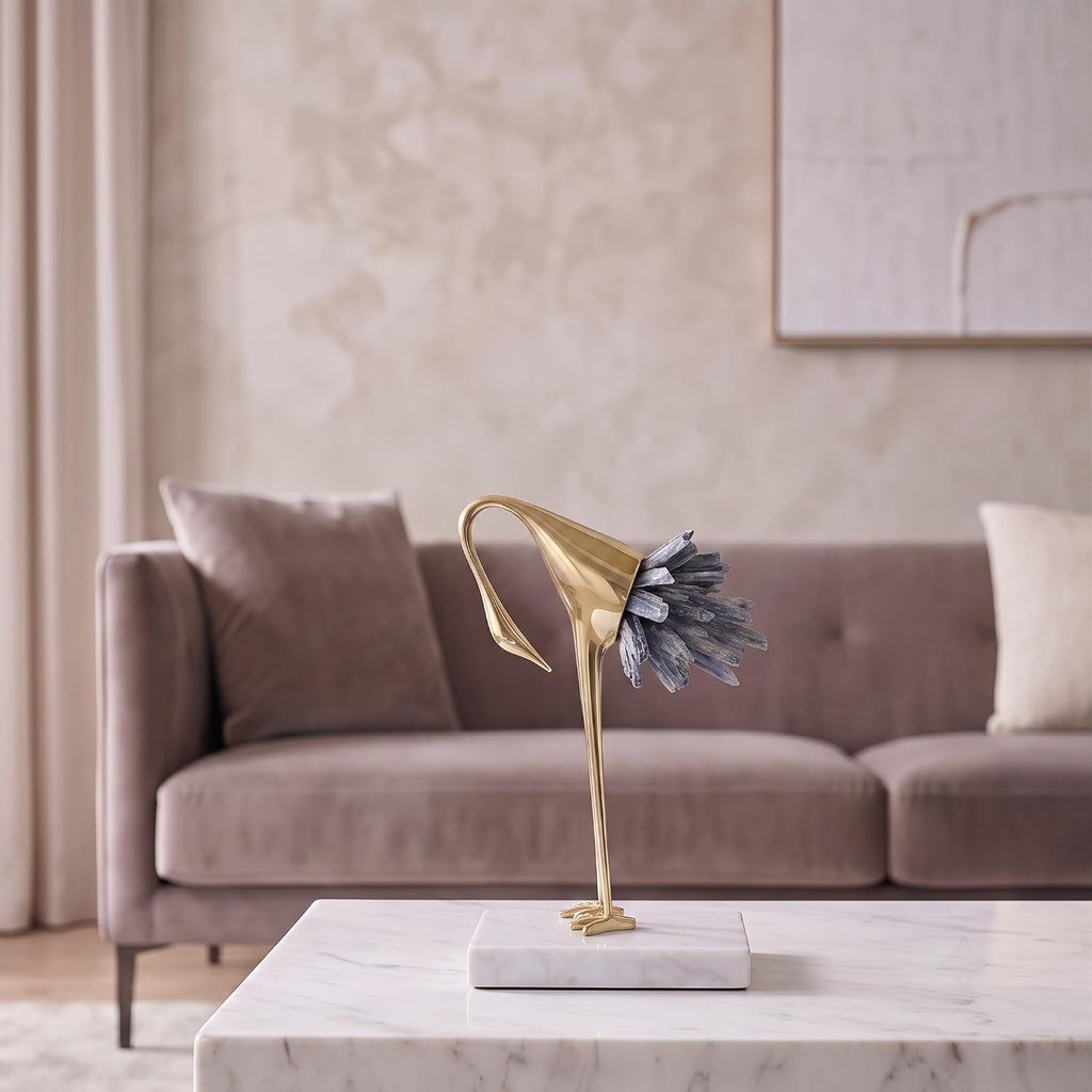 Gold Crane Statue with Blue Crystal Tail, 8.7-Inch | Brass Bird Sculpture on Marble Base, Modern Tabletop Decor and