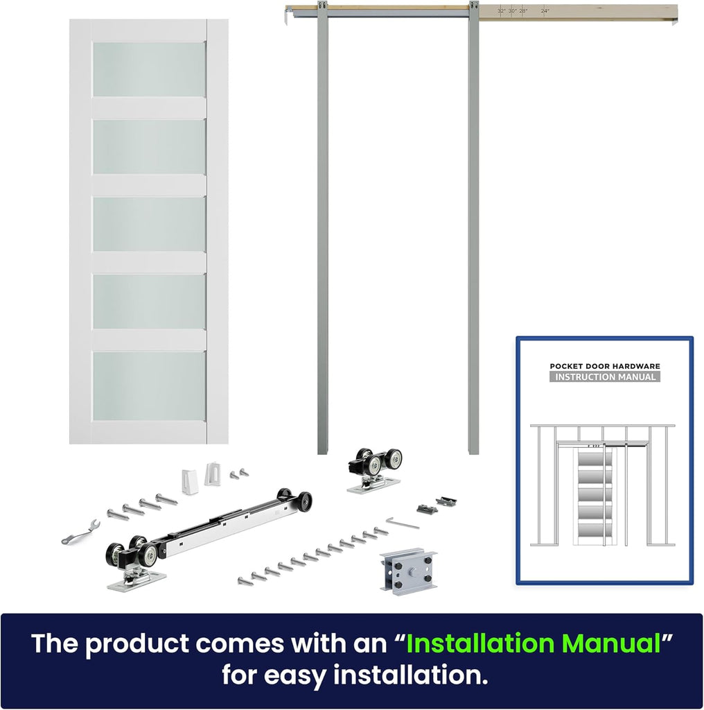Sliding Pocket Door 24" x 80", 5-Panel Frosted Glass Panel with Soft Close Pocket Door Frame Kit, In
