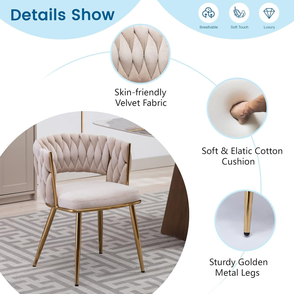 Modern Velvet Dining Chairs Set of 2, Upholstered Living Room Chair with Woven Back and Golden Metal Legs