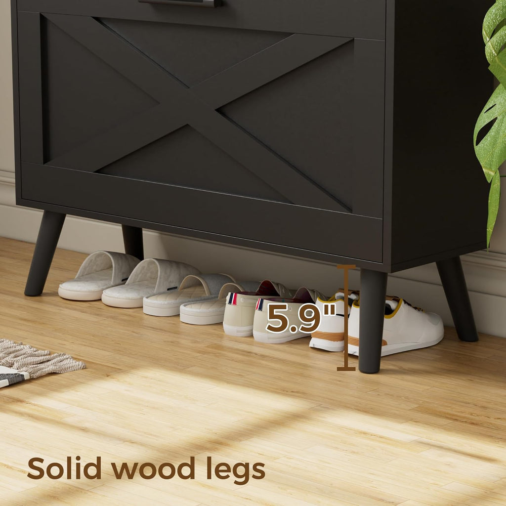 Farmhouse Shoe Storage Cabinet with Flip Drawers & Barn Door Design | Slim Narrow Shoe Rack Cabinet with Adjustable