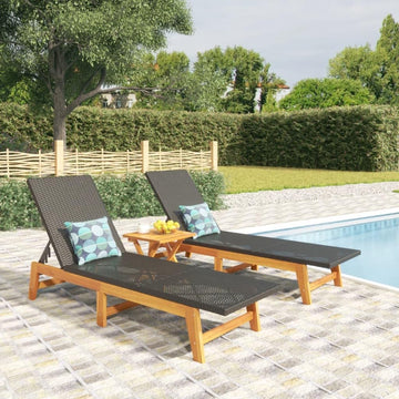 Sun Lounger Set of 2, Adjustable Outdoor Chaise Lounge Chair Poolside Garden, Modern Black Brown PE Rattan with Solid