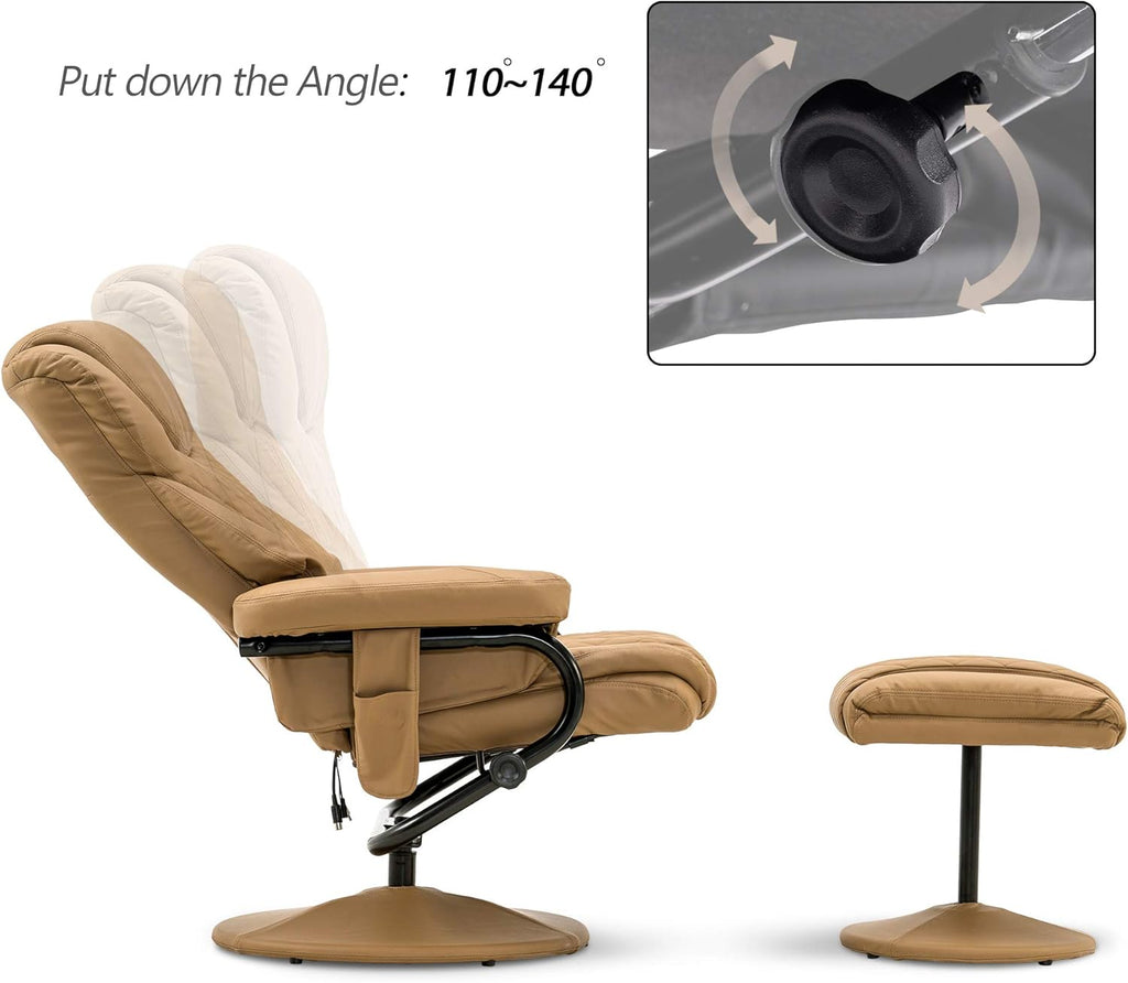 Modern Reclining Swivel Lounge Chair and Ottoman — Cognac Faux Leather