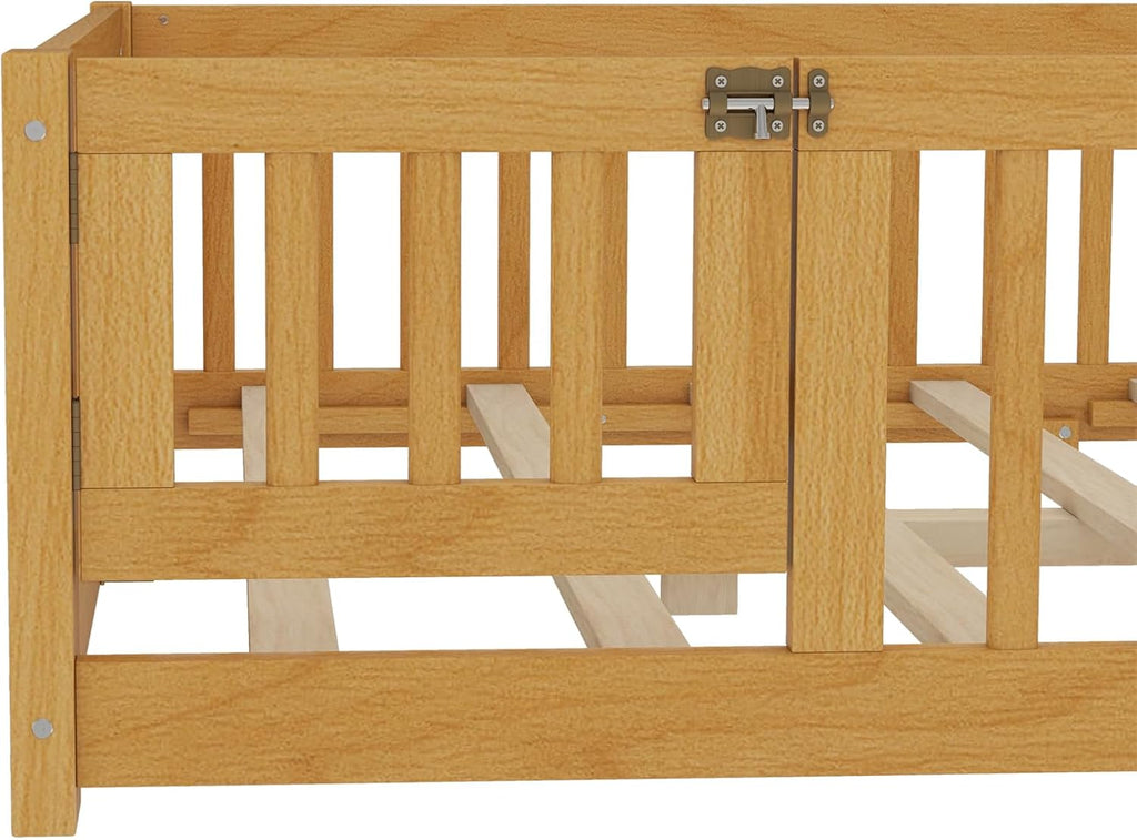 Full Size Montessori Floor Bed with Slats and Center Support Bar, Full Size Floor Bed with Door and Fence, Easy