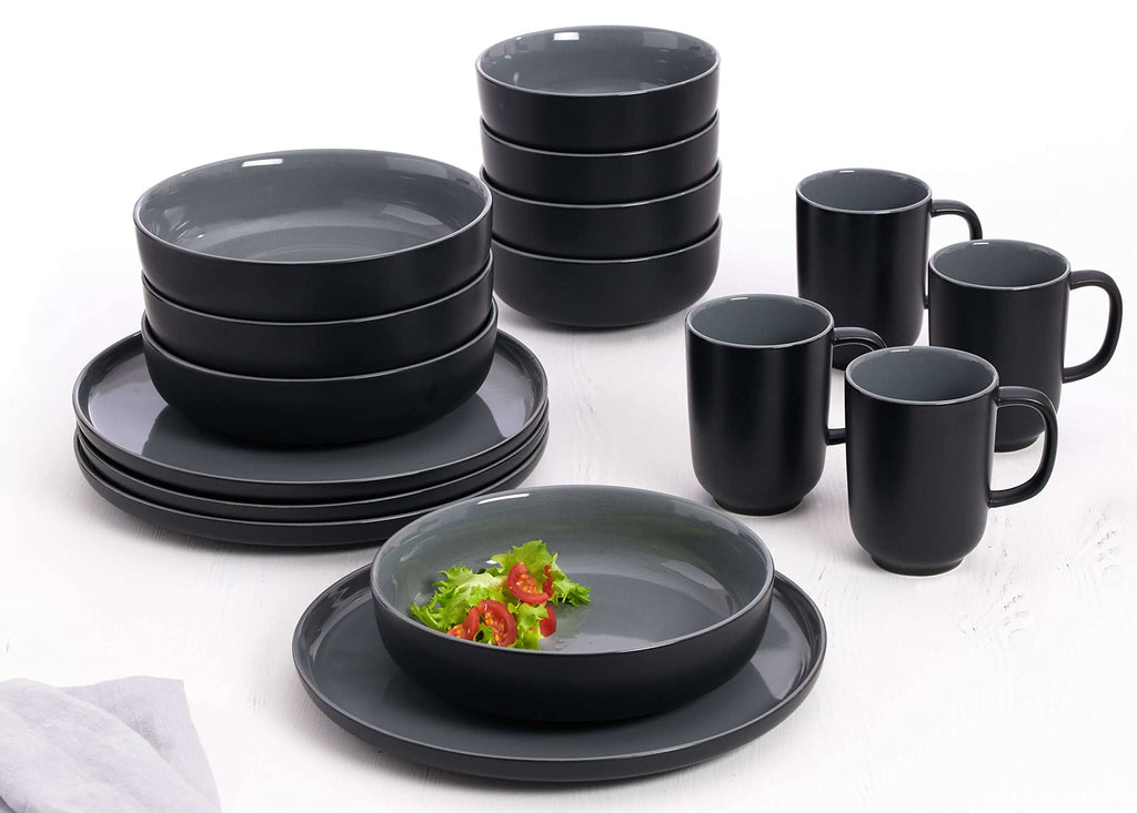 Jasper 16 Piece Black Stoneware Dinner Set Plates Bowls and Cups for 4 People