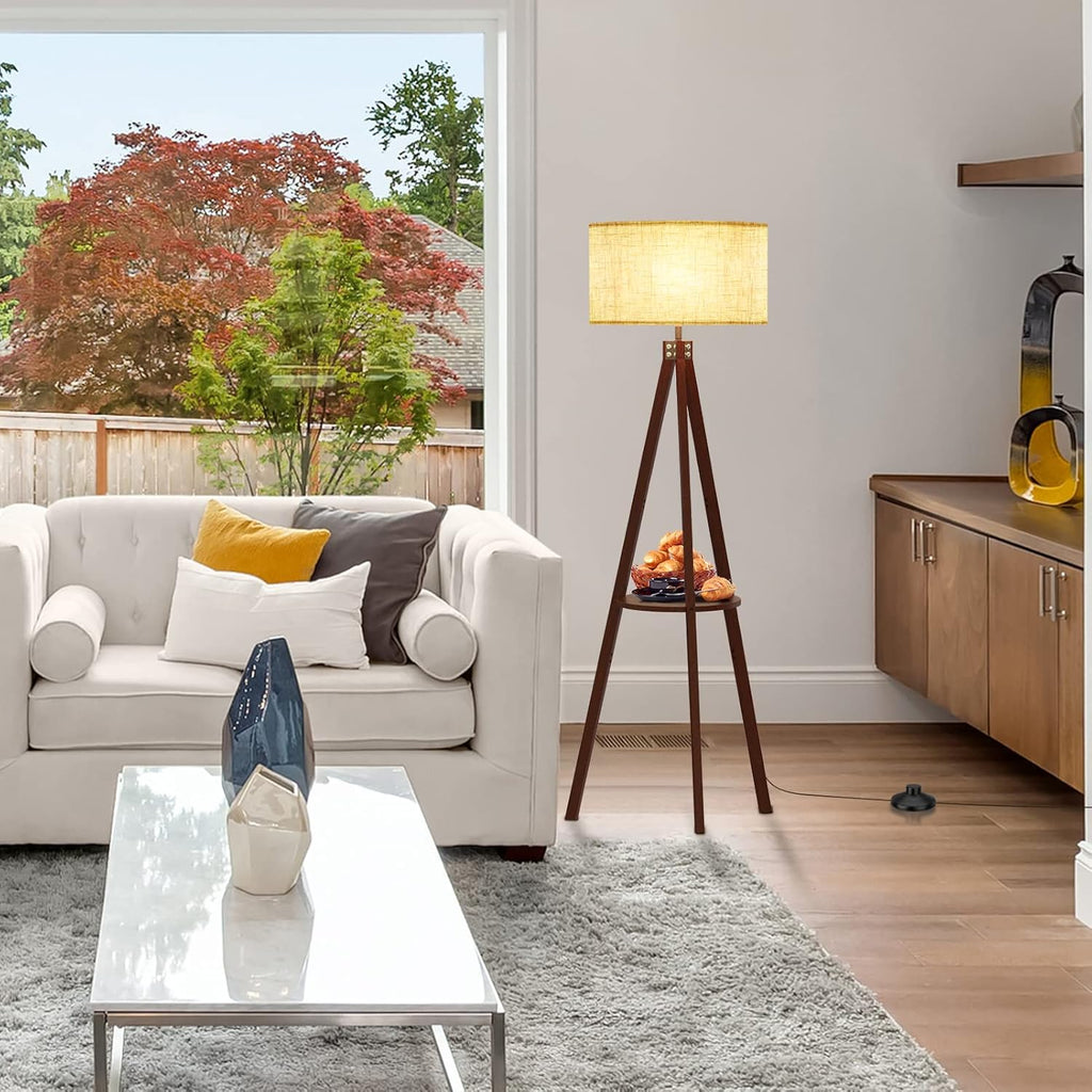 Tripod Floor Lamp, Mid Century Wood Standing Lamp, Modern Design Shelf Floor Lamp