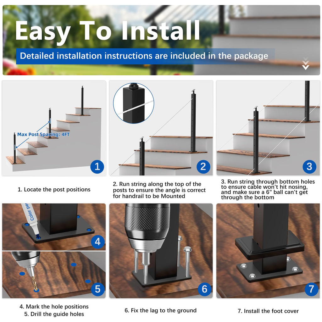 42" Modular Cable Railing Stair Post for Deck Porch, Surface Mount