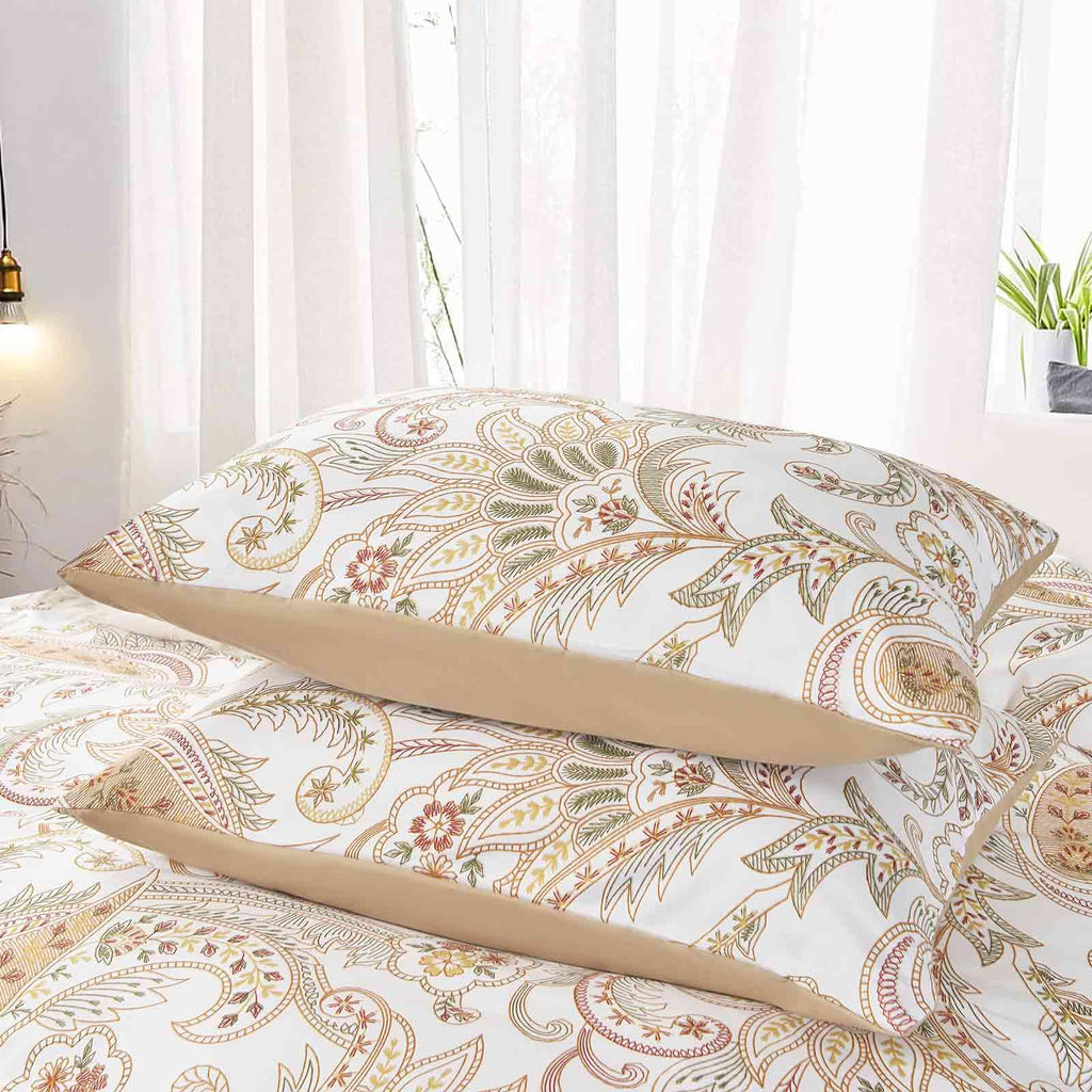 Paisley Comforter Set Queen Size 3 Pcs, Tan Taupe Classy Boho Damask Printed Pattern Soft Microfiber Alternative