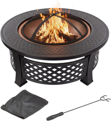 Fire Pit - 32-Inch Outdoor Fireplace with Spark Screen, Poker, and Cover - Wood-Burning Fire Pit